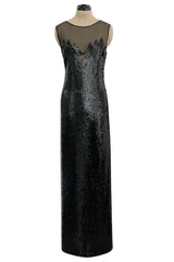 1973 Loris Azzaro Couture Black Flame Sequin Detailing & Feather Light Silk Chiffon Dress