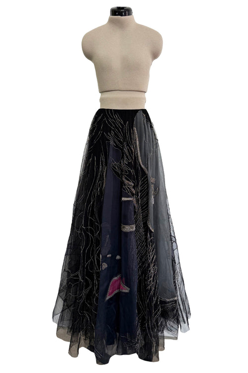 Elaborate Spring 2019 Valentino by Pierpaolo Piccioli Black Net Skirt w Hand Beading & Silk Chiffon Insets