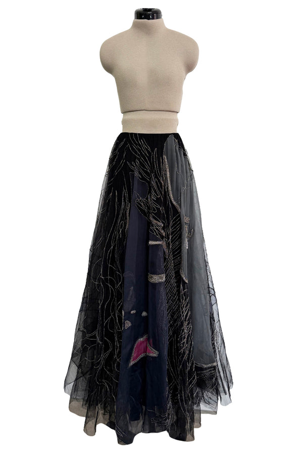 Elaborate Spring 2019 Valentino by Pierpaolo Piccioli Black Net Skirt w Hand Beading & Silk Chiffon Insets