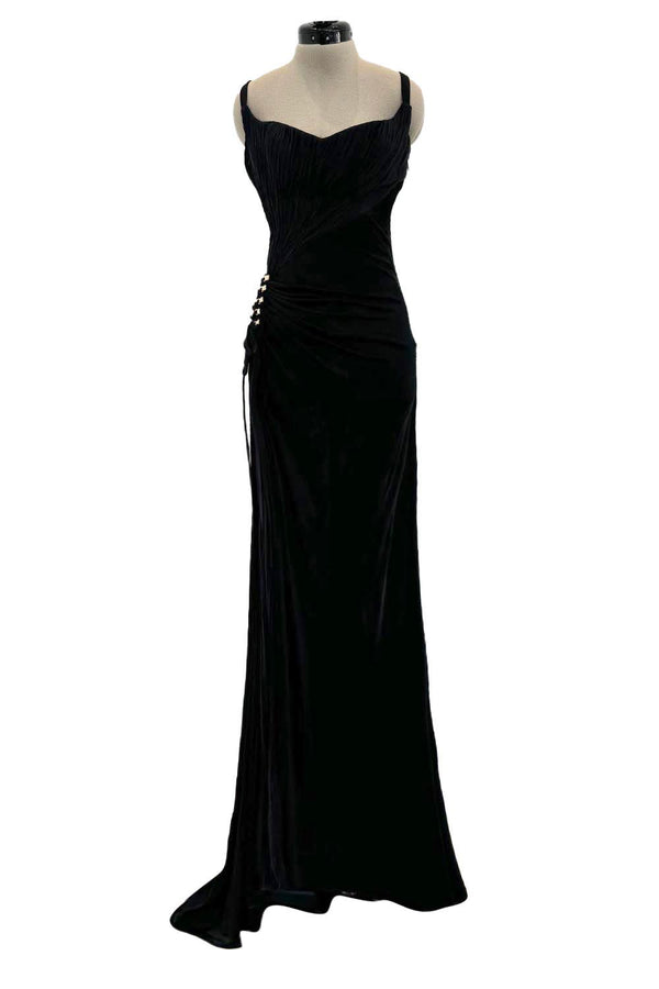 Outstanding Spring 2006 Roberto Cavalli Black Silky Jersey Corset Bodice Dress w Gold Hardware Detailing