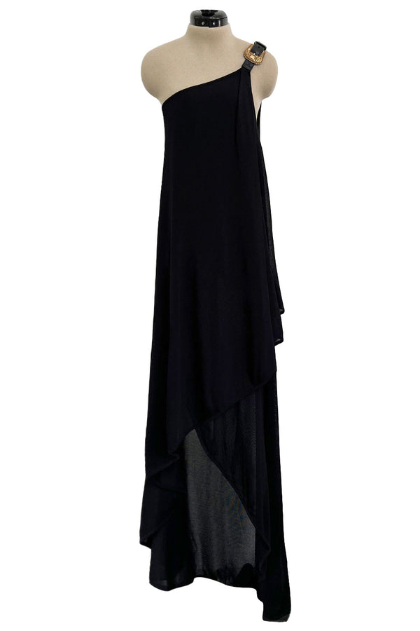 c. 2009 Alexander McQueen One Shoulder Black Knit Wrapped Dress w Buckle Detail