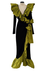 Amazing Fall 1984 Yves Saint Laurent Runway Black Velvet Wrap Dress w Olive Silk Taffeta Ruffles