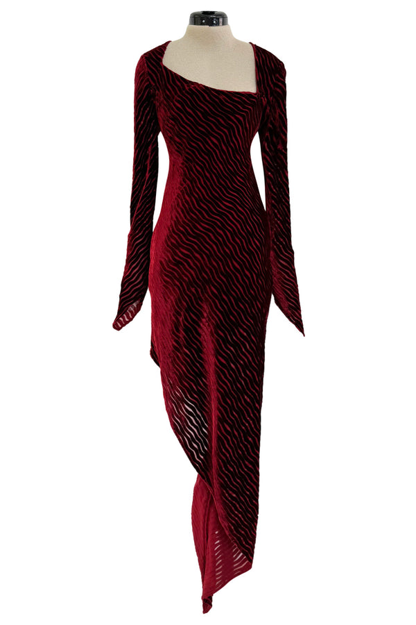Fantastic Fall 1994 Karl Lagerfeld Runway Deep Red Cut Velvet Bias Cut Dress w Angled Hem