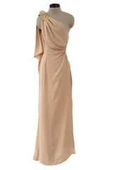 Spectacular Spring 2000 Thierry Mugler Runway Nude Chiffon One Shoulder Dress w Acrylic Detail
