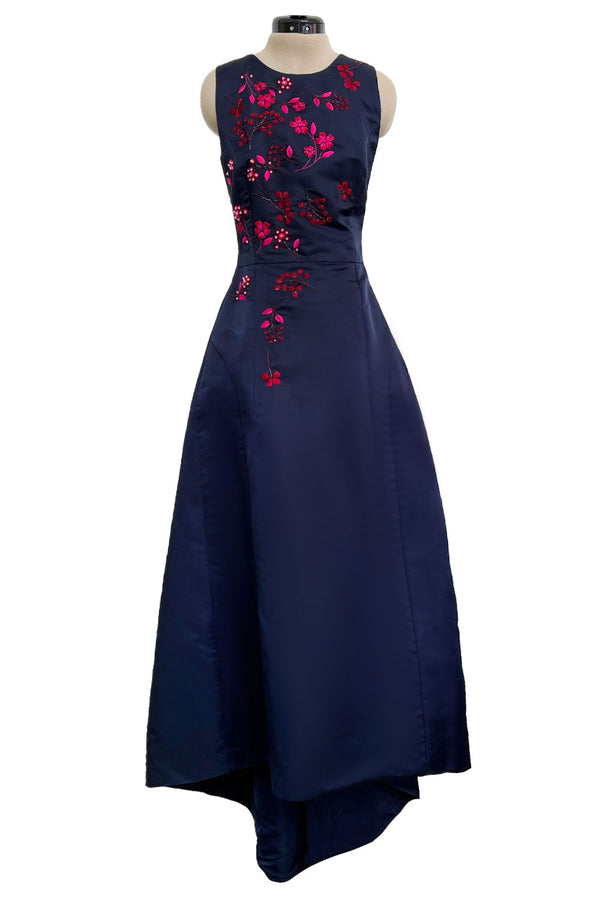 c2014 Christian Dior by Raf Simons Blue Silk Faille Dress w Pink Floral Embroidery & Beads