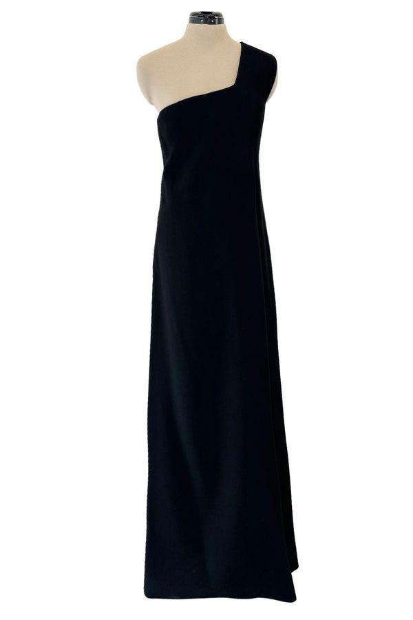 Minimalist Early 1960s James Galanos Couture Larger One Shoulder Black Crepe Long Column Dress