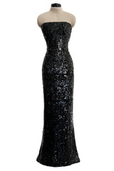 Fantastic 1980s Bob Mackie Strapless Glossy Black Sequin Stretch Dress w Back Kick Skirt