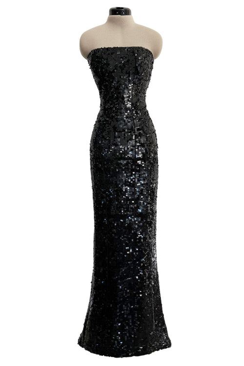 Fantastic 1980s Bob Mackie Strapless Glossy Black Sequin Stretch Dress w Back Kick Skirt