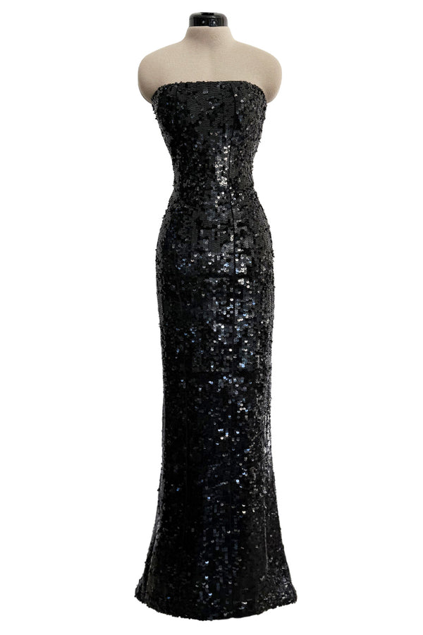 Fantastic 1980s Bob Mackie Strapless Glossy Black Sequin Stretch Dress w Back Kick Skirt