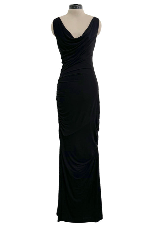 Minimlist Fall 2001 Gucci by Tom Ford Black Stretch Jersey Dress w Draped Neckline & Gathered Sides