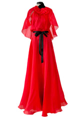 1979 Givenchy Red Organza Caped Dress