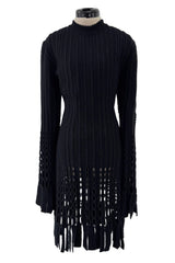 Important & Rare Fall 1993 Azzadine Alaia Black Ribed Knit Laser Cut Out & Fringe Dress