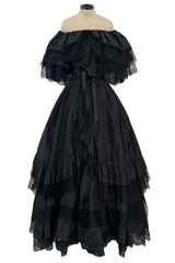 1970s Louis Mies Haute Couture Off Shoulder Silk Taffeta Dress w Hand Made Lace Detailing