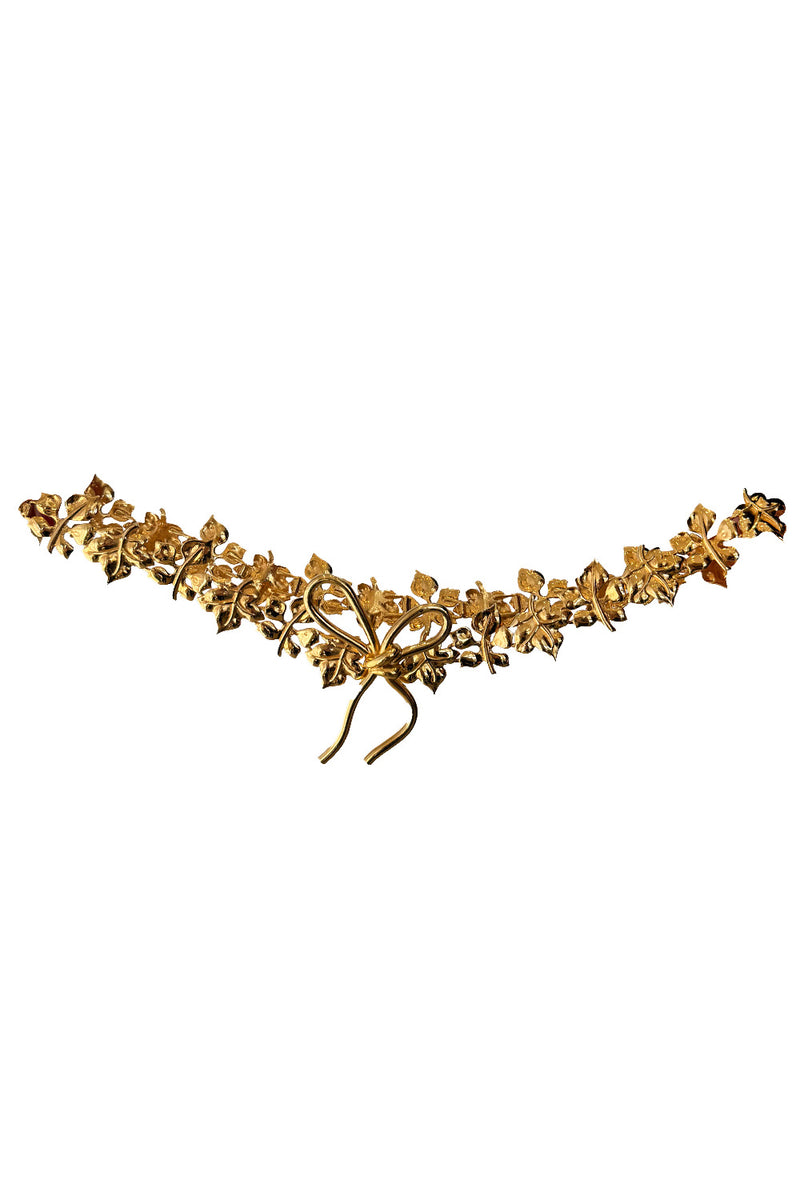 Prettiest Vintage Lanvin Gold Toned Metal Hook Clasp Belt w Attached Leafs & a Bow Front