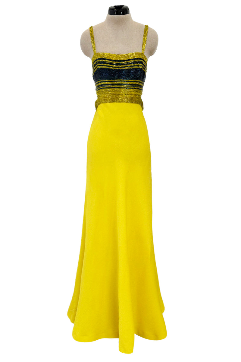 Exceptional 1960s James Galanos Yellow Silk Crepe w Blue & Yellow Beaded Back Cut Out Top