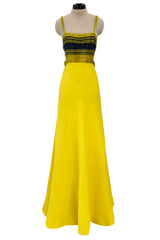 Exceptional 1960s James Galanos Yellow Silk Crepe w Blue & Yellow Beaded Back Cut Out Top