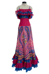 Incredible 1970s Jean Patou Printed Silk Organza Dress w Layered Ruffled Neckline & Hem