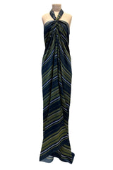 Gorgeous 2014 Lanvin by Alber Elbaz Deep Green & Navy Silk Striped Sarong Dress w Tie Halter