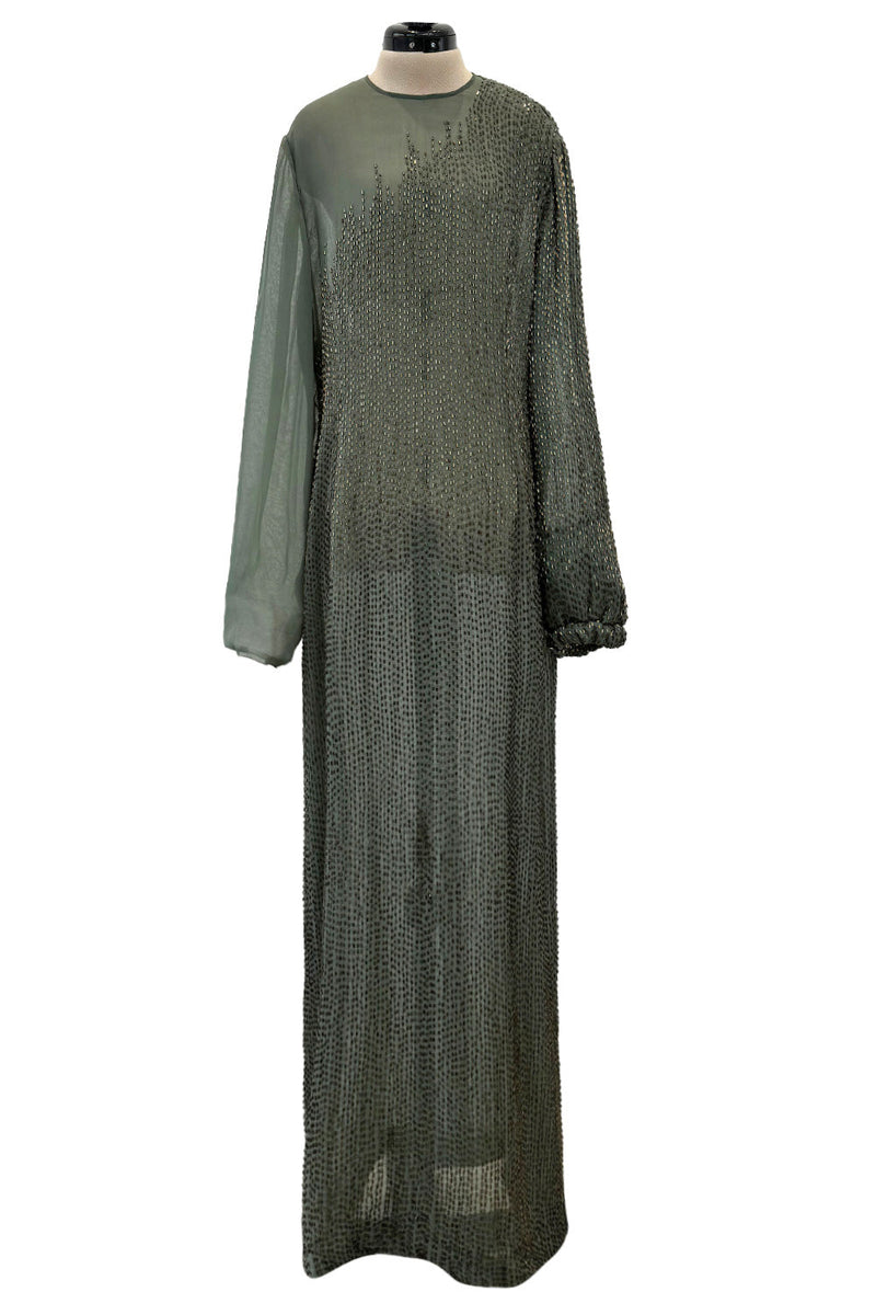 Prettiest Fall 1981 John Anthony Couture Moss Green Silk Chiffon Dress w Hand Beaded Detailing