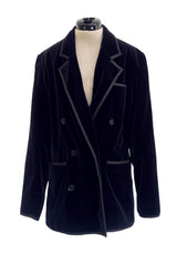 Iconic 1970s Yves Saint Laurent Midnight Blue Velvet Jacket w Ribbon Trimmed Edges