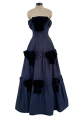 Incredible 1980s Hubert de Givenchy Haute Couture Strapless Blue Matte Silk Dress w Velvet Bow Detailing