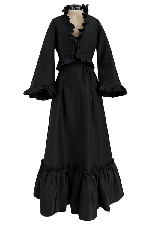 Dreamy 1970s Valentino Black Silk Wide Ruffled Hem Dress w Matching Wide Bell Sleeve Cropped Jacket