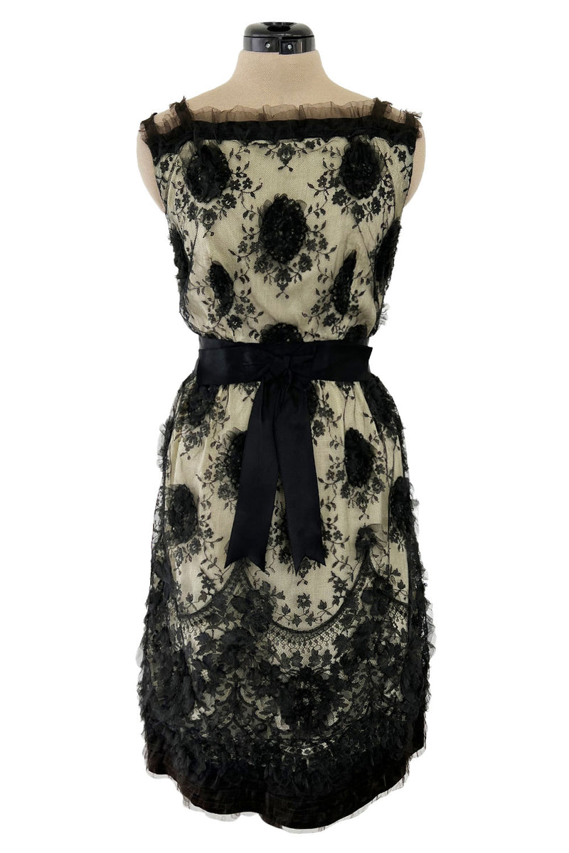 Stunning Late 1950s M. L. Paris Creations Demi-Couture Fine French Lace & Silk Dress