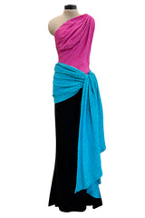 Iconic Spring 1985 Yves Saint Laurent Runway Pink & Black One Shoulder Dress w Blue Swag