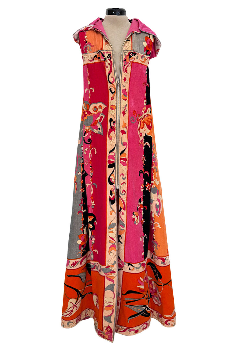 pucci beach dress Documented Spring 1968 Emilio Pink Floral Screened Hooded Terryc – Shrimpton Couture A long dress in Material:Engineered Wood Long-Sleeve Faux Fur Trim Dark Mauve