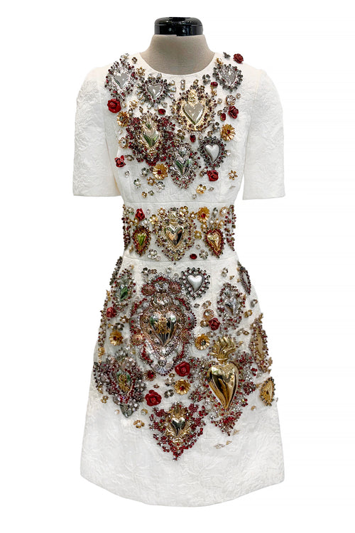 Spring 2015 Dolce & Gabbana Runway Look 48 Silk Brocade Mini Dress w Elaborate Front Embellishments