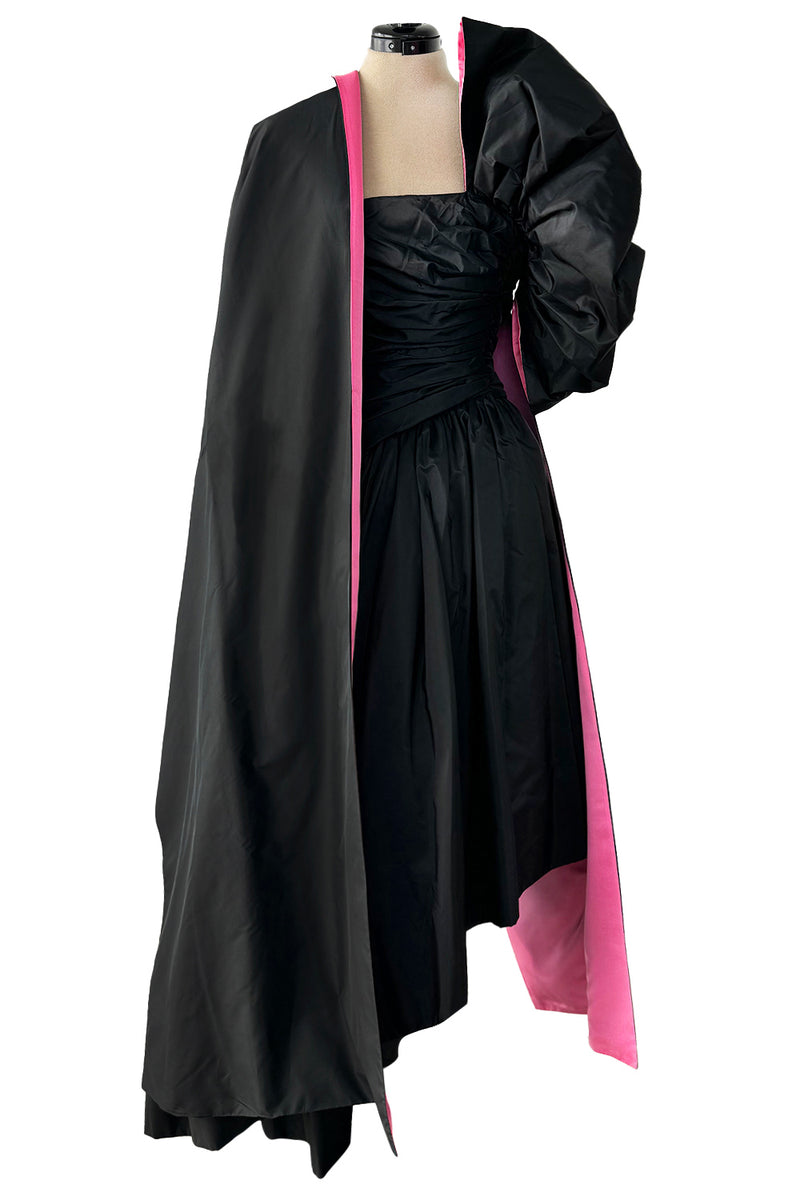Striking 1980s Arnold Scaasi Couture Black Silk Strapless Dress w Pink Lined Half Bow & Shawl
