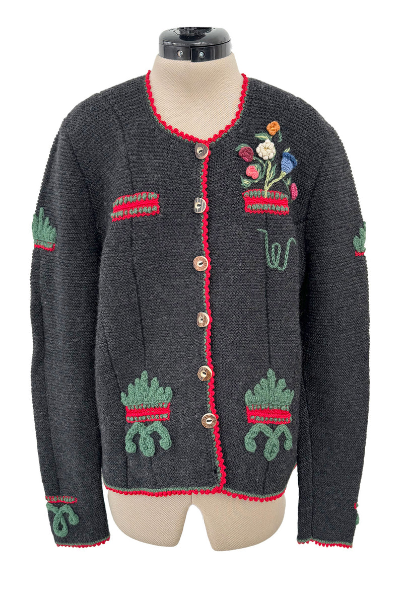 Prettiest 1980s Wolkenstricker Charcoal Colour Hand Knit Cardigan Sweater w Floral Details