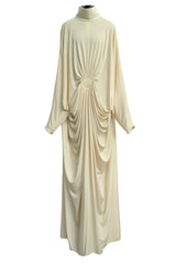 1970s Yuki by Gnyuki Torimaru for Rembrandt Ivory Jersey Caftan Dress W Gathered Front