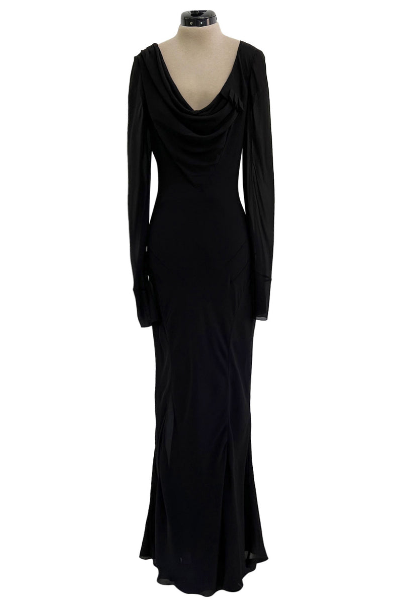 Fabulous Fall 2005 John Galliano Feather Light Bias Cut Black Silk Chiffon Dress w Seaming Detailing