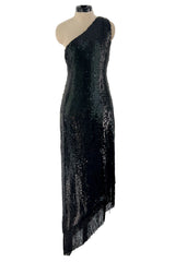 Museum Held 1974 Bill Blass One Shoulder Glossy Black Sequin Dress w Asymetrical Fringe Hem