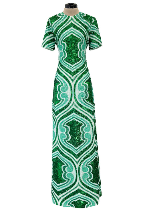 Magnificent Spring 2022 Etro Runwy Look 38 Fully Sequinned Green Silk Chiffon Full Length Dress