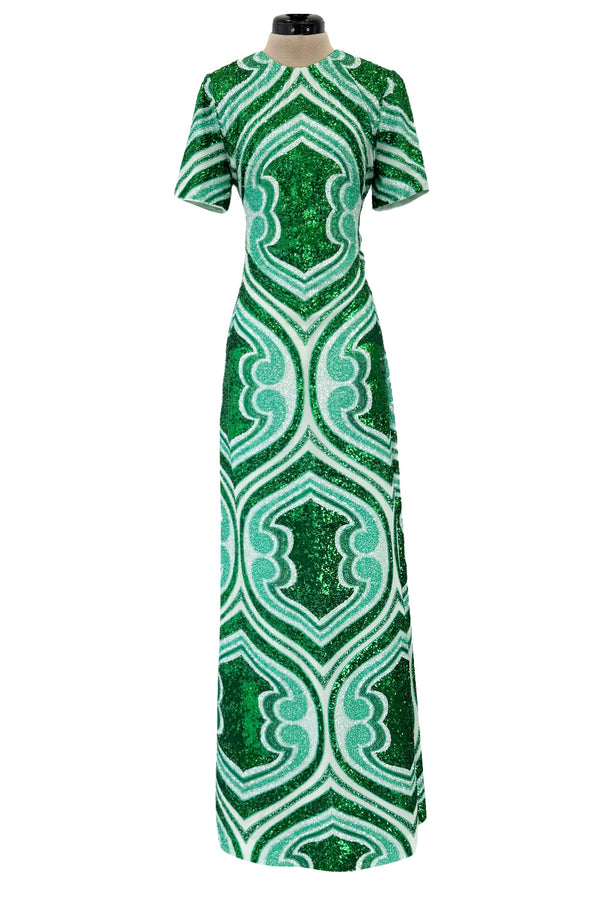 Magnificent Spring 2022 Etro Runwy Look 38 Fully Sequinned Green Silk Chiffon Full Length Dress