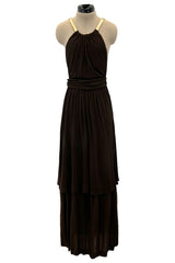 Well Documented Fall 1975 Yves Saint Laurent Brown Silk Jersey w Gold Strap Backless Dress