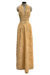 1970s Lanvin by Jules-Francois Crahay Couture Deep Yellow Lace Halter Dress w Wide Band at the Waist