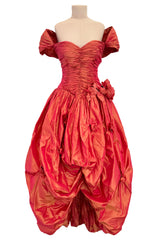 1989 Loris Azzaro Irridescent Coral Silk Taffeta Dress w Rosette Floral Detail