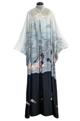 Outstanding 1970s Jean Varon Crane & Ocean Print Jersey Caftan Dress w Hand Crocheted Collar