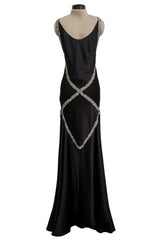 Outstanding Fall 2004 Alexander McQueen Bias Cut Black Silk Dress w Bare Back & Silver Thread Ribbon Detailing