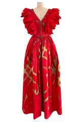 Rare Fall 1981 Fabrice Simon Couture Hand Painted Red & Gold Skirt & Top Dress Set
