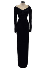 Fall 1984 Christian Dior by Marc Bohan Haute Couture Runway Black Velvet Dress w Wide Neckline