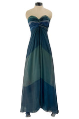 Spring 1990 Oscar De La Renta Ocean Blues Silk Chiffon Strapless Dress w Gathered Bodice