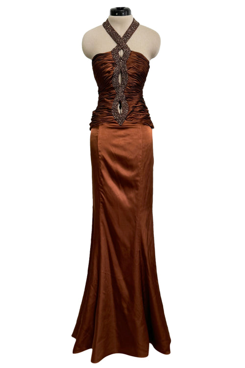 Chic 2000s Gianni Versace Bronze Gathered Silk Bodice Dress w an Elaborately Beaded Cut Out Front & Sweepimng Back