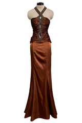 Chic 2000s Gianni Versace Bronze Gathered Silk Bodice Dress w an Elaborately Beaded Cut Out Front & Sweepimng Back