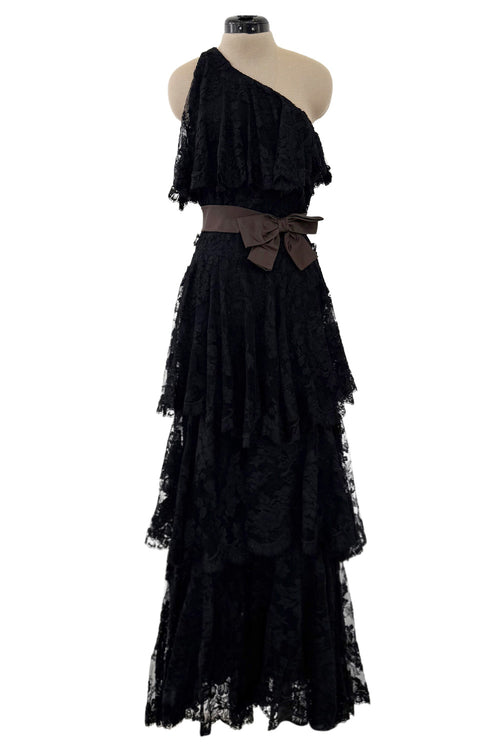Incredible 1960s Donald Brooks Black Lace Tiered One Shoulder Jumpsuit w Wide Legs & Belt