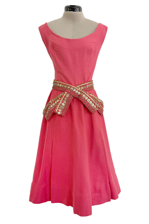 1950s Unlabeled Lanvin-Castillo Couture Elaborate Gold Beaded Pink Waffle Weave Top & Skirt