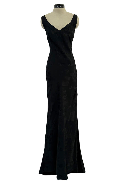 Amazing Spring 2002 John Galliano Black Bias Cut Logo Dress w Sweeping Back